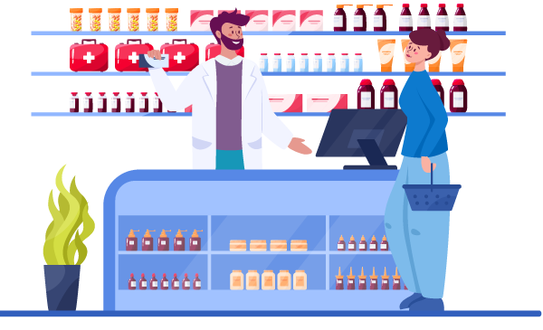 illustration of a pharmacist assisting a customer